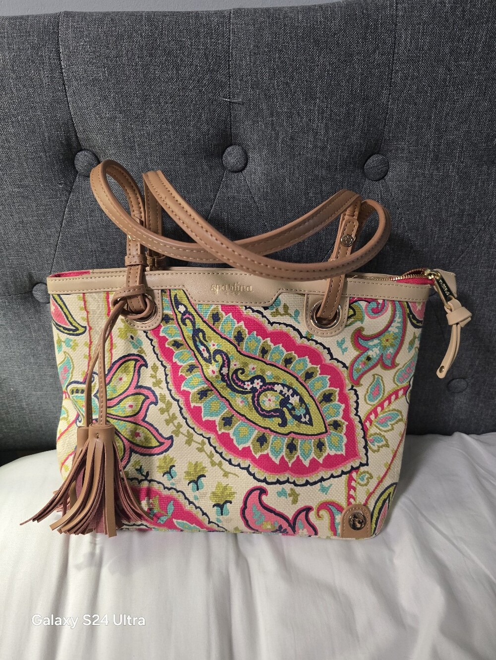 Spartina 449 Daufuskie Island High Ebb Pink Paisley Floral Tote Leather Straps